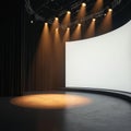Modern auditorium stage with bright spotlight on floor and blank white screen backdrop. Dark curtains hang on side. Suitable for Royalty Free Stock Photo