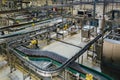 Modern automated beer bottling production line at brewery