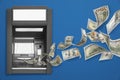 Modern automated cash machine and flying money on blue background