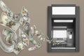 Modern automated cash machine and flying money on grey background