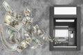 Modern automated cash machine and flying money on grey stone background