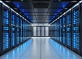 modern automated data center with rows of servers illuminated by blue lights, showcasing advanced technology and organization