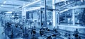 Modern automated factory assembly line for bottling beverages. Advanced industrial equipment and machinery emphasize