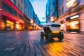 Modern automated food delivery robot riding on city street. Autonomous package delivery bot. Cost-efficient and energy-efficient