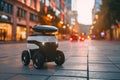 Modern automated food delivery robot riding on city street. Autonomous package delivery bot. Cost-efficient and energy-efficient