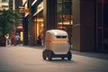 Modern automated food delivery robot riding on city street. Autonomous package delivery bot. Cost-efficient and energy-efficient