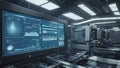 Modern automated production line controlled by futuristic computer interface displaying charts and data in a high tech Royalty Free Stock Photo