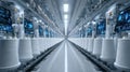 High-tech textile factory with white and silver yarn spools, the floor covered in rows of modern knitting Royalty Free Stock Photo