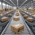 Modern automated warehouse with extensive conveyor belt system transporting numerous cardboard boxes Royalty Free Stock Photo
