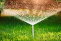 Modern automatic sprinkler working on grass irrigation. Sprinkler system watering the lawn Royalty Free Stock Photo