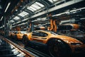 a modern automobile plant, car assembly on modern equipment, an automated assembly line for robotic arms, producing advanced high-