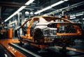 a modern automobile plant, car assembly on modern equipment, an automated assembly line for robotic arms, producing advanced high-