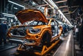 a modern automobile plant, car assembly on modern equipment, an automated assembly line for robotic arms, producing advanced high-