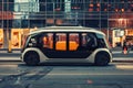 Modern Autonomous Electric Vehicle Parked in Urban Setting at Dusk with Reflective Glass Buildings