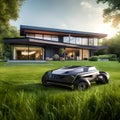 Modern autonomous lawn mower in front of a luxury house during sunset. smart home technology in use. AI