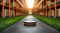 Modern autonomous robot on pathway in contemporary warehouse with lush greenery Royalty Free Stock Photo
