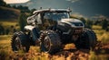 Modern autonomous tractor on a dirt road in the countryside. Future technology with smart agriculture farming concept. Generative