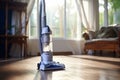 Modern autonomous wireless vacuum cleaner cleaning floor in apartment, home cleaning technology Royalty Free Stock Photo