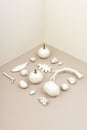 Modern autumn styled composition with white pumpkins, pea, horn, acorn and dry leaf