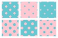 Modern baby blue and pink 6 patterns set, vector illustration