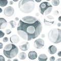 Modern background of gray and black transparent bubbles painted in watercolor. Abstract monochrome pattern with ink circles, dots