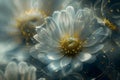 modern background,shining chamomile flowers with transparent petals, shrouded in smoke with an unearthly radiance,close-up,concept