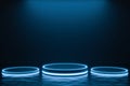 Modern background and three empty circle stage with blue light. Future modern interior concept. showcase for product