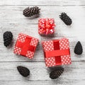Modern background, on white background with gifts surrounded by black cones.
