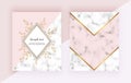 Modern backgrounds with flowers, marble geometric design, golden lines, triangular shapes. Templates for invitation, wedding, plac