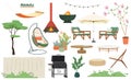 Modern backyard furniture with hammock, hanging chair, bbq grill, fireplace, plants. Backyard cartoon flat elements Royalty Free Stock Photo