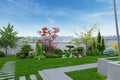 Modern backyard with oriental inspired background, 3D rendering Royalty Free Stock Photo