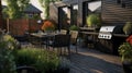 Modern backyard retreat. patio, garden, and entertainment space with cooking area Royalty Free Stock Photo