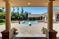 Modern backyard with swimming pool in American mansion Royalty Free Stock Photo