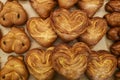 Modern bakery with different kinds of bread and buns. Different kinds of fresh bread as background, top view Royalty Free Stock Photo