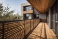 modern balcony with an evening sunlight, extending out from the side of a building