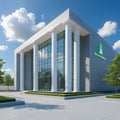 Modern bank building with classical design elements featuring tall white columns and large glass windows Royalty Free Stock Photo