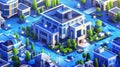 Modern banner with isometric house, office, and store facades isolated on blue background. City buildings poster in