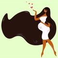 Modern banner about pregnancy and motherhood. A poster with a beautiful dark-skinned woman in a white dress with long Royalty Free Stock Photo