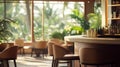Modern Bar Interior with Tropical Garden View, Soft Light, Cozy Seating, and Cocktail Shakers Royalty Free Stock Photo