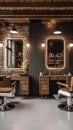 Modern barbershop interior with mirrors, chair, and functional equipment