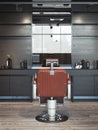 Modern barbershop interior with red chair. 3d rendering