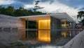 Modern Barcelona Pavilion from the pool angle in the evening