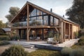 A modern barn house with a mezzanine, large windows, and a lovely terrace with a garden 3d render. Generative AI