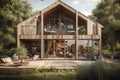 A modern barn house with a mezzanine, large windows, and a lovely terrace with a garden 3d render. Generative AI