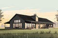 modern barn-inspired farmhouse with sleek lines and minimalistic design, magazine style illustration