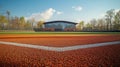 Modern baseball field with infield and building in background on a sunny day Royalty Free Stock Photo