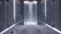 Modern bath with walk-in shower, frameless doors, rainfall head, marble tiles, and LED lights