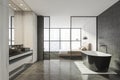 Modern Bathroom bedroom interior in new luxury home. Stylish hotel room. Open space area. Wooden walls concrete floor. Bathtub and Royalty Free Stock Photo