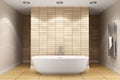 Modern bathroom with beige tiles on wall