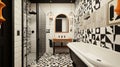 A modern bathroom with black and white geometric tiles a freestanding bathtub and a walkin shower The room has a sleek and